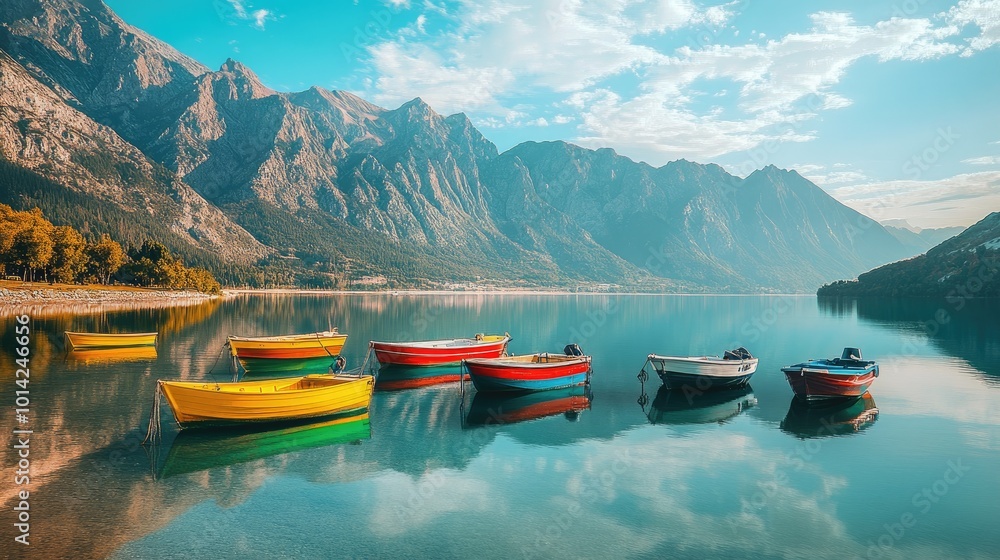 Fototapeta premium A scenic view of a calm bay with colorful boats anchored near the shore, with mountains rising in the background.
