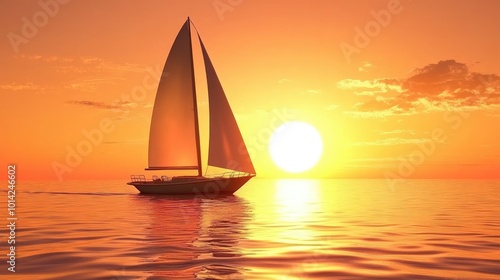 A scenic sunset over a calm ocean, with warm colors reflecting off the water and a lone sailboat on the horizon.