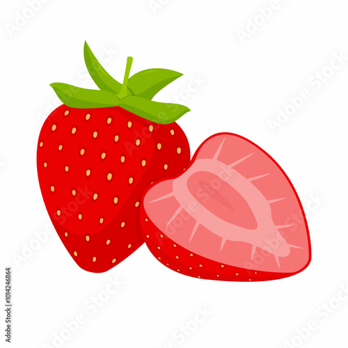 whole and sliced Strawberry simple cartoon vector illustration