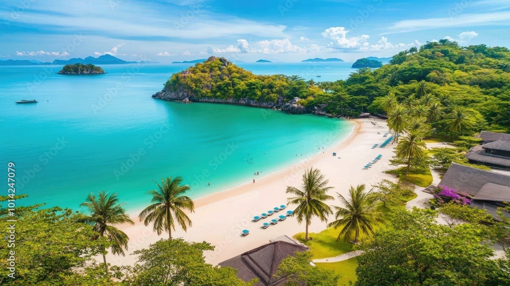 A scenic view of a tropical beach with white sand, turquoise water, and palm trees swaying in the breeze A scenic view of a tropical beach with white sand, turquoise water, and palm trees swaying in the breeze