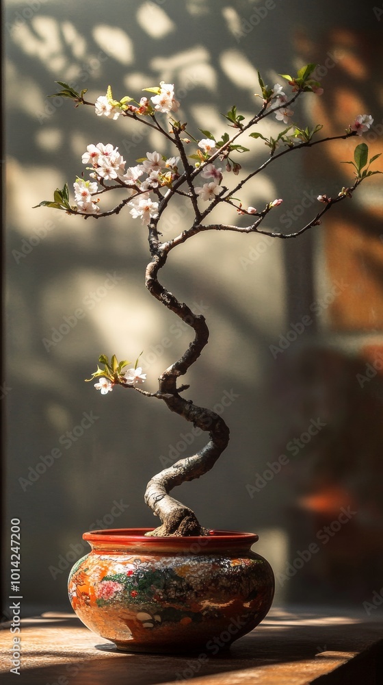 Bonsai tree with cherry blossoms in decorative pot, serene indoor setting. Zen and tranquility concept Bonsai tree with cherry blossoms in decorative pot, serene indoor setting. Zen and tranquility concept