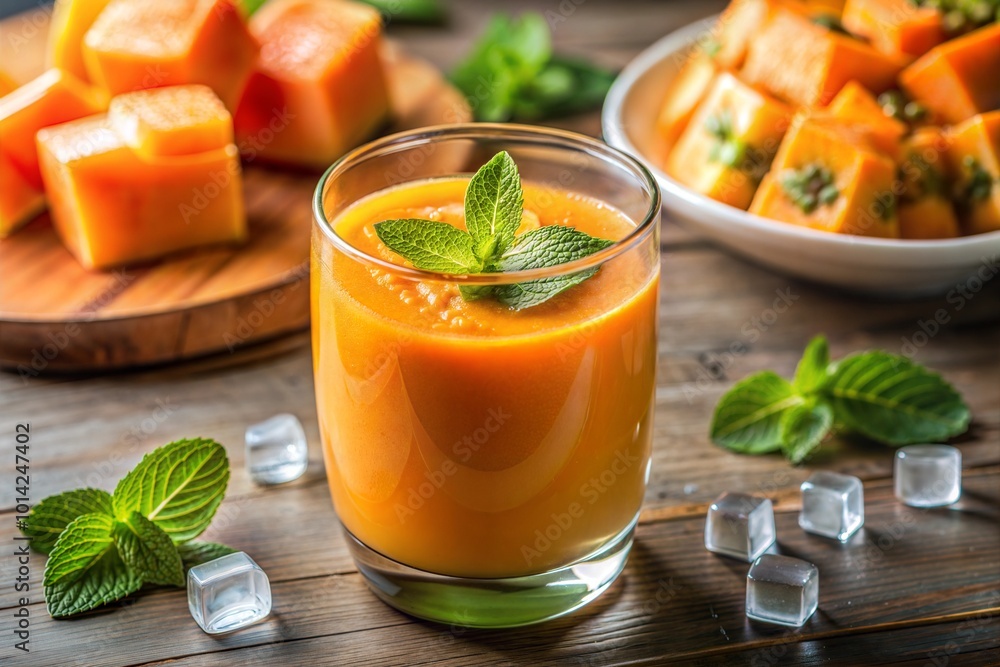 Refreshing papaya smoothie with mint and papaya cubes for summer treat Refreshing papaya smoothie with mint and papaya cubes for summer treat