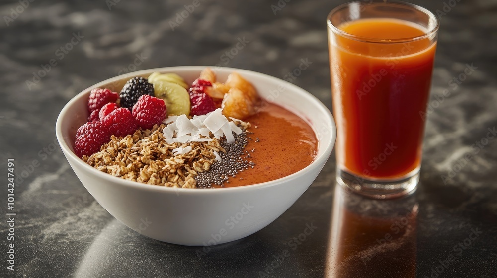 A smoothie and granola breakfast bowl, topped with chia seeds, fresh berries, and coconut flakes, served with a glass of juice. A smoothie and granola breakfast bowl, topped with chia seeds, fresh berries, and coconut flakes, served with a glass of juice.