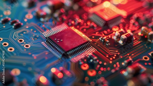 Close-up of electronic circuit board with microchip and glowing components