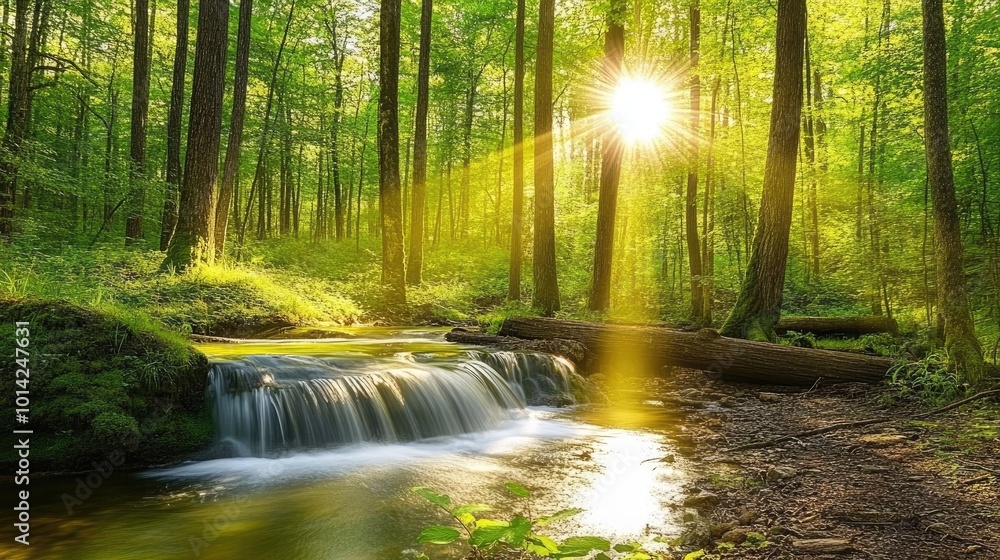 Obraz premium A softly flowing stream in a peaceful forest, with sunlight filtering through the trees and creating a calming effect.