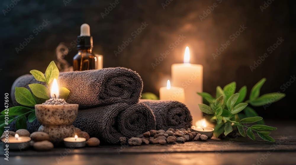 A spa setting with soft towels, candles, and essential oils, evoking a sense of relaxation and pampering. A spa setting with soft towels, candles, and essential oils, evoking a sense of relaxation and pampering.