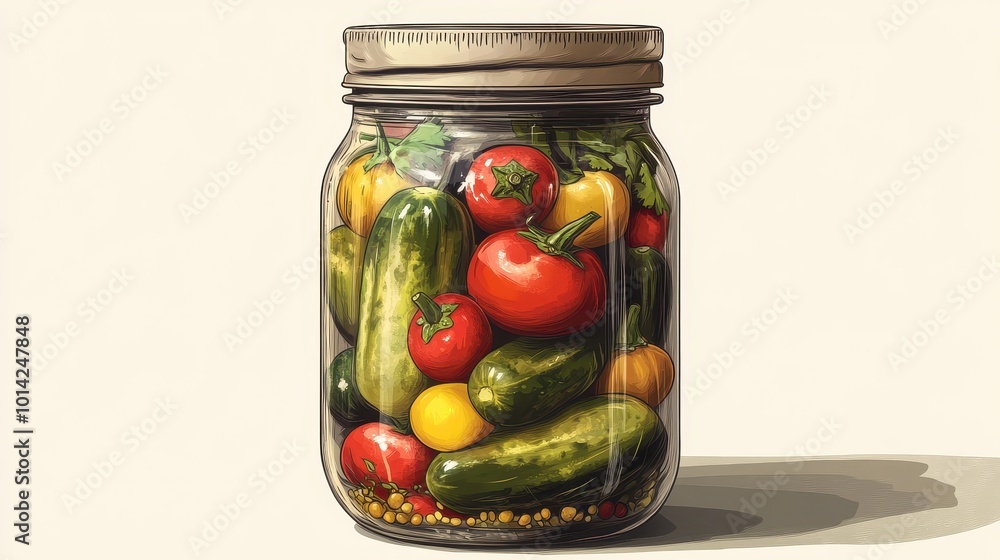 Jar with pickled vegetables, editable line width.