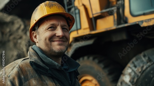 Smiling construction worker in a hard hat beside heavy machinery