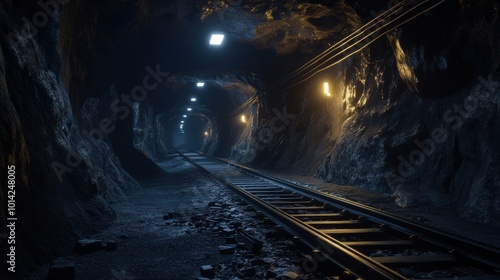 Dark underground tunnel with railway tracks illuminated by lights