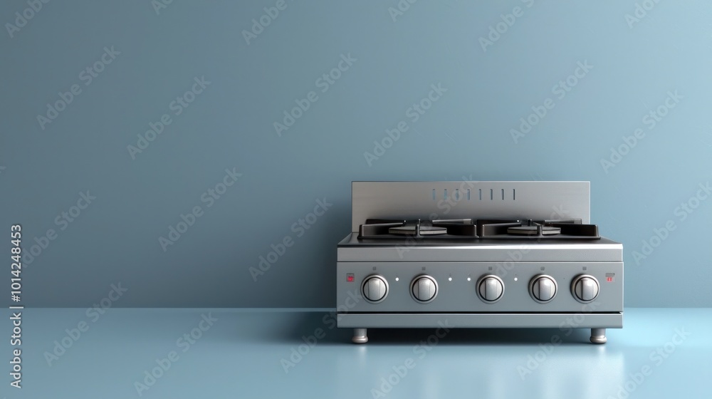 Fototapeta premium Sleek and Efficient Stainless Steel Gas Stovetop in a Contemporary Kitchen Interior with Knobs and Oven Modern Household Appliance and Furnishing for Domestic Cooking and Culinary Lifestyle