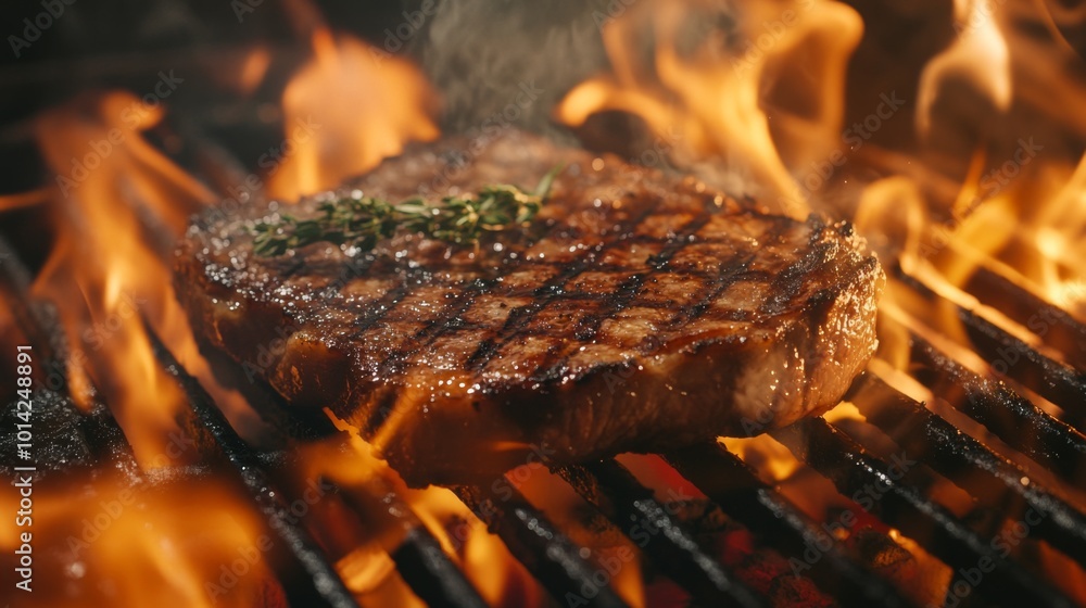 Grilled Steak on Flames with Herb Garnish Grilled Steak on Flames with Herb Garnish