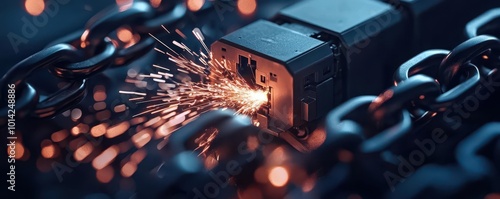 An industrial breaker tripping, with sparks flying as it disconnects, electricity and power under strain, sparks fly, electricity, power