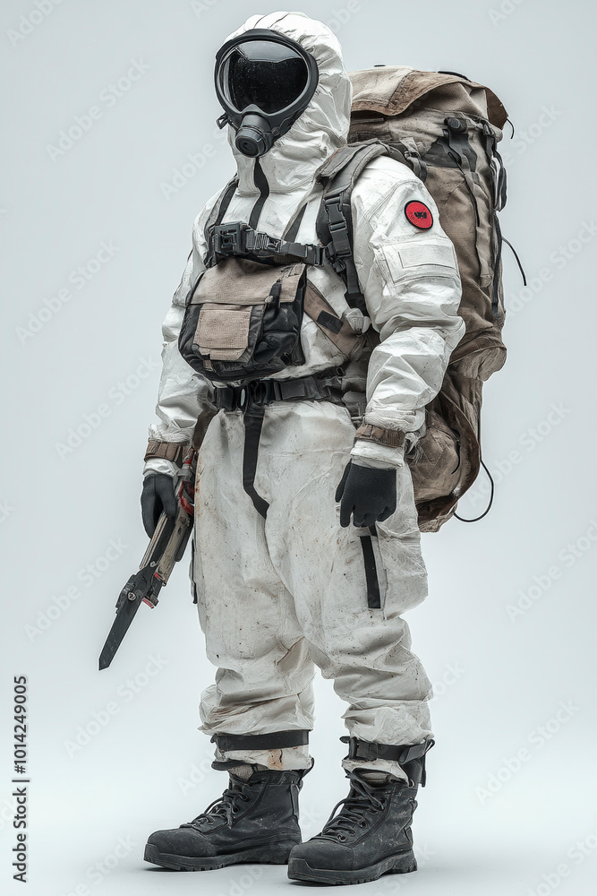 A figure in full protective gear, including a gas mask and backpack, stands against a plain background, ready for hazardous conditions or exploration. A figure in full protective gear, including a gas mask and backpack, stands against a plain background, ready for hazardous conditions or exploration.