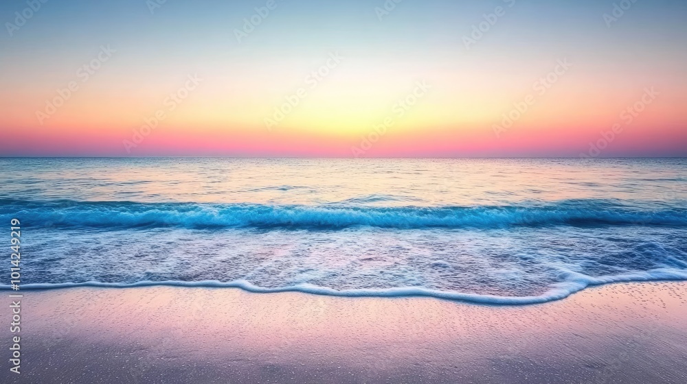 Fototapeta premium A tranquil beach horizon at sunset with gentle waves and a clear sky transitioning into evening light.