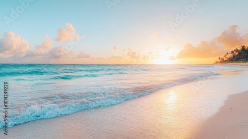 Obraz na płótnie A tranquil beach horizon at sunset with gentle waves and a clear sky transitioning into evening light. w salonie