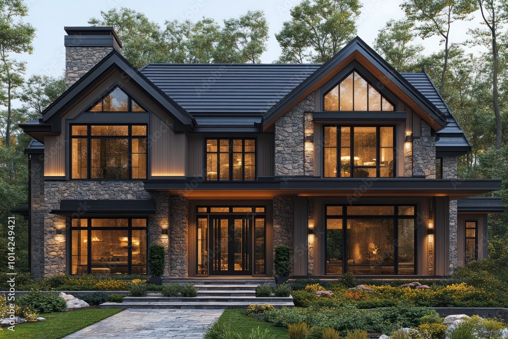 Modern Stone House with Large Windows Modern Stone House with Large Windows