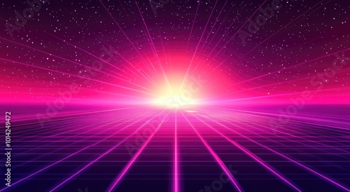 Retro futuristic background with glowing lines and a bright sun.