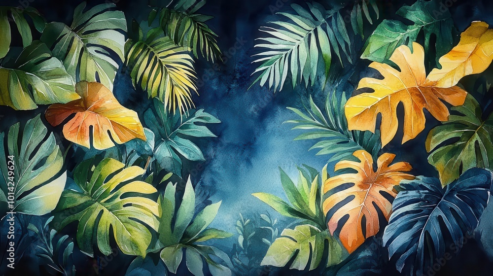 exotic tropical leaves and plants painted in watercolor bursting with lush greens and vivid colors the background is soft enhancing the beauty of natures diversity exotic tropical leaves and plants painted in watercolor bursting with lush greens and vivid colors the background is soft enhancing the beauty of natures diversity