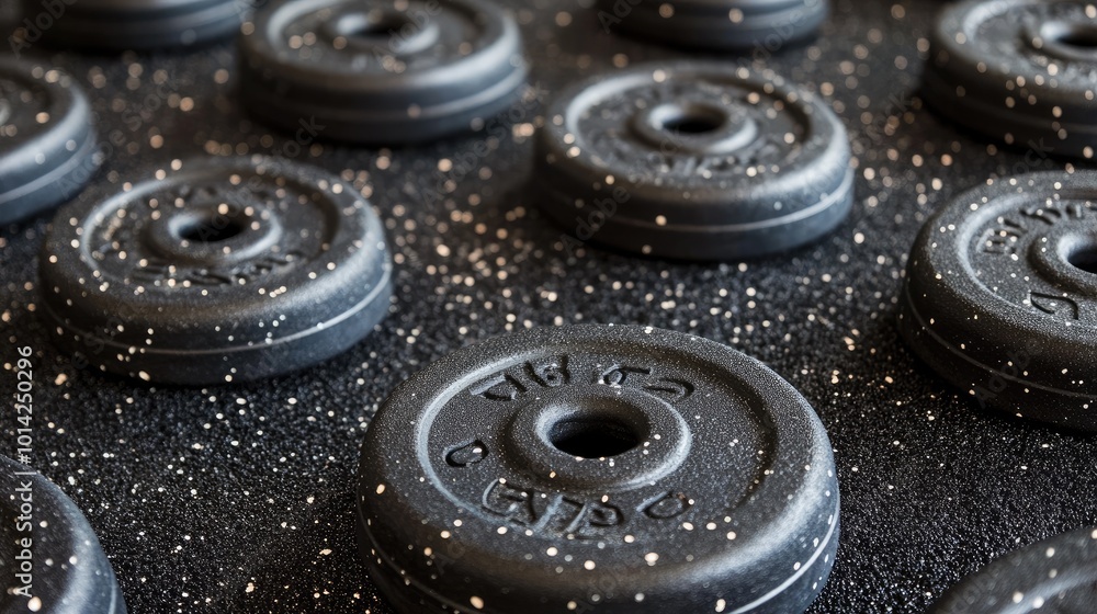Obraz premium Top-down shot of a textured rubber gym floor in a dark shade, showing its durability and function