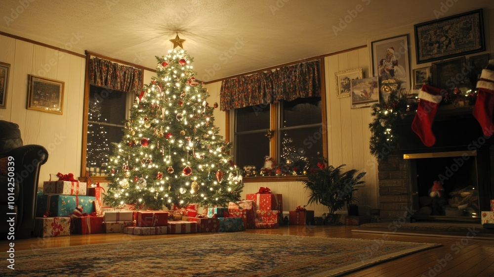 Home, living room, with a beautifully decorated Christmas tree and presents under the tree Home, living room, with a beautifully decorated Christmas tree and presents under the tree