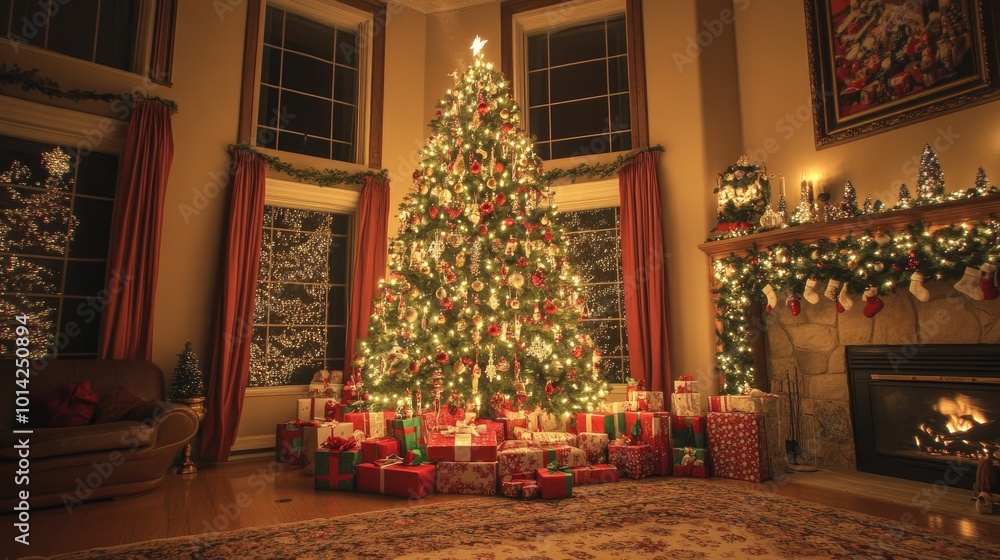 Home, living room, with a beautifully decorated Christmas tree and presents under the tree Home, living room, with a beautifully decorated Christmas tree and presents under the tree