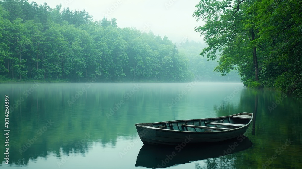 Rowing Boat on a Lake, Surrounded by Green Trees. Beautiful Peaceful Scene. Mindfulness / Solitude Concept. Rowing Boat on a Lake, Surrounded by Green Trees. Beautiful Peaceful Scene. Mindfulness / Solitude Concept.