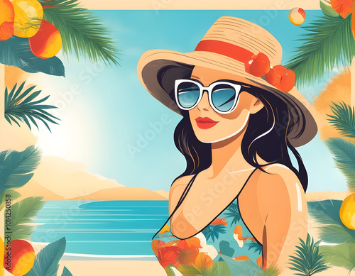 Digital illustration of a girl in summer on vacation walks along the beach background