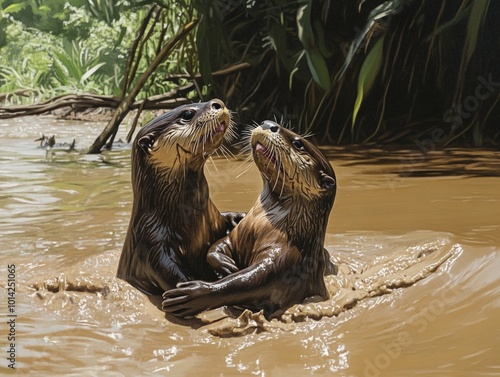 Two otters play in a muddy river, one otter on top of the other, playfully biting. photo