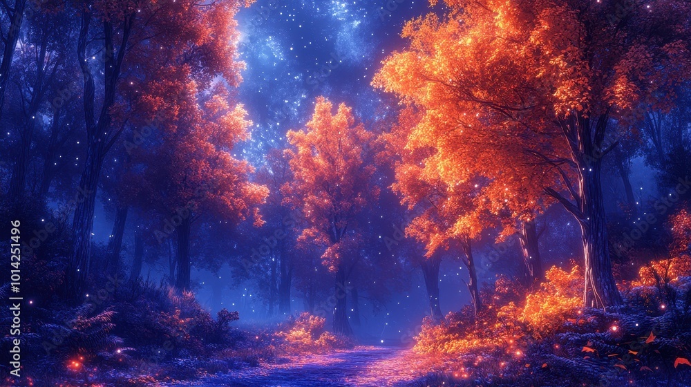 enchanted autumn forest at night towering trees with vibrant fall foliage illuminated by soft moonlight mystical atmosphere with hints of mist and twinkling starlight enchanted autumn forest at night towering trees with vibrant fall foliage illuminated by soft moonlight mystical atmosphere with hints of mist and twinkling starlight