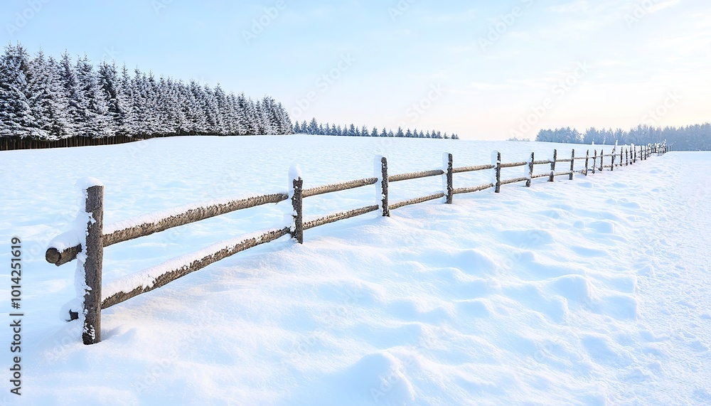 Snow-covered wooden fence stretching across a wintry landscape, the sky painted with cold hues. Made with Generative AI Technology Snow-covered wooden fence stretching across a wintry landscape, the sky painted with cold hues. Made with Generative AI Technology
