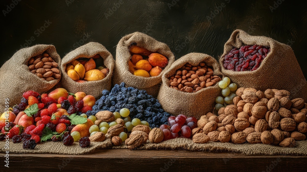 Assortment of dried fruits and nuts still life - A rustic and detailed still life of various dried fruits and nuts spilling from burlap bags, evoking a sense of natural abundance Assortment of dried fruits and nuts still life - A rustic and detailed still life of various dried fruits and nuts spilling from burlap bags, evoking a sense of natural abundance