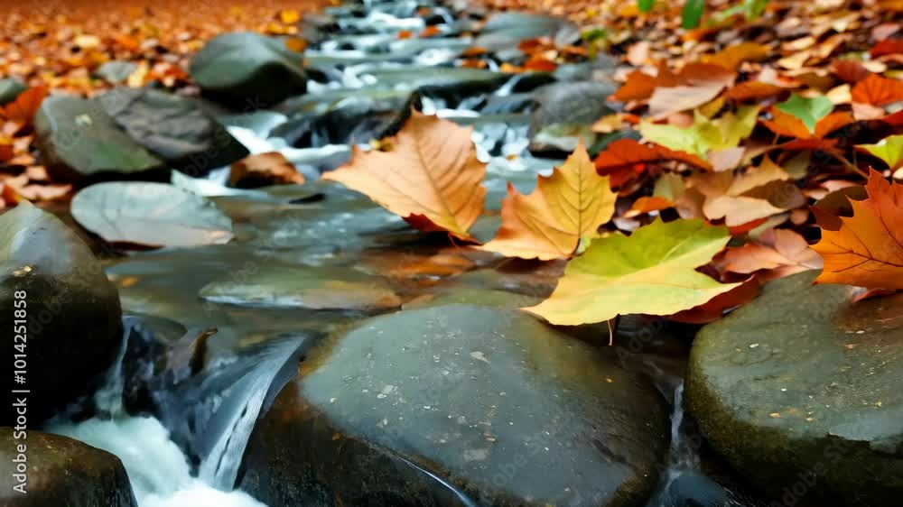 Close-up of colorful autumn leaves floating in a clear creek with smooth stones. The scene captures the beauty of fall foliage in a peaceful woodland stream. Close-up of colorful autumn leaves floating in a clear creek with smooth stones. The scene captures the beauty of fall foliage in a peaceful woodland stream.