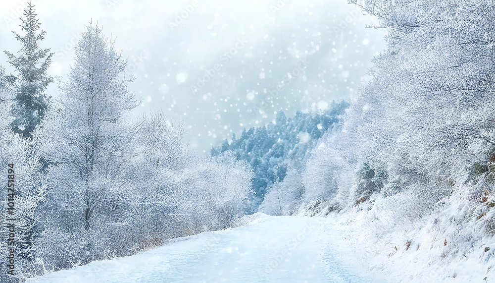 Snowy mountain trail winding through frost-covered trees, snow falling softly from the branches. Made with Generative AI Technology Snowy mountain trail winding through frost-covered trees, snow falling softly from the branches. Made with Generative AI Technology