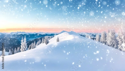 Snowy mountain ridgeline glowing in the golden light of dawn, snow swirling in the crisp air. Made with Generative AI Technology
