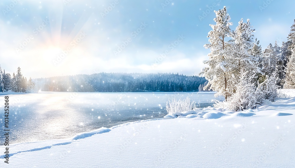 Winter dawn breaking over a frozen lake, casting golden light on the snow-covered shore. Made with Generative AI Technology Winter dawn breaking over a frozen lake, casting golden light on the snow-covered shore. Made with Generative AI Technology