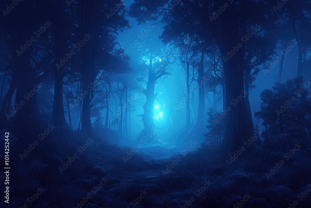 Obraz premium Fantasy Halloween Landscape with Dark Misty Forest Panorama