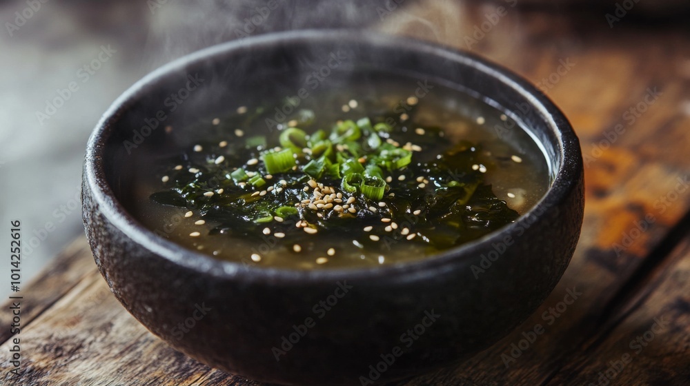 Warm Seaweed Soup in Rustic Bowl on Wooden Table Warm Seaweed Soup in Rustic Bowl on Wooden Table