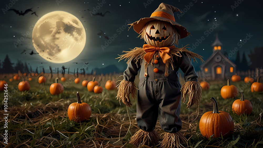 Fototapeta premium a scarecrow with a pumpkin head, dressed in tattered, spooky clothing, standing in a field at night