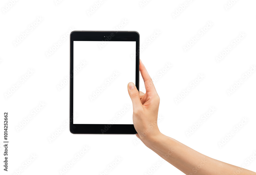 Hand holding the black digital tablet with mockup of blank screen on isolated white background. Hand holding the black digital tablet with mockup of blank screen on isolated white background.