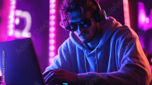 Young man wearing headphones works on a laptop in neon-lit room