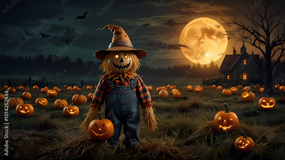 Fototapeta premium a scarecrow with a pumpkin head, dressed in tattered, spooky clothing, standing in a field at night