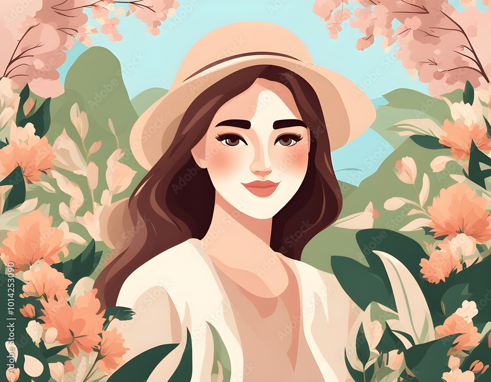 Spring Day portrait icon avatar beautiful woman among plants and flowers background Spring Day portrait icon avatar beautiful woman among plants and flowers background
