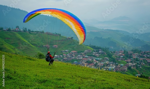 A paraglider takes off from a green hillside, soaring over a small village nestled among the misty mountains.