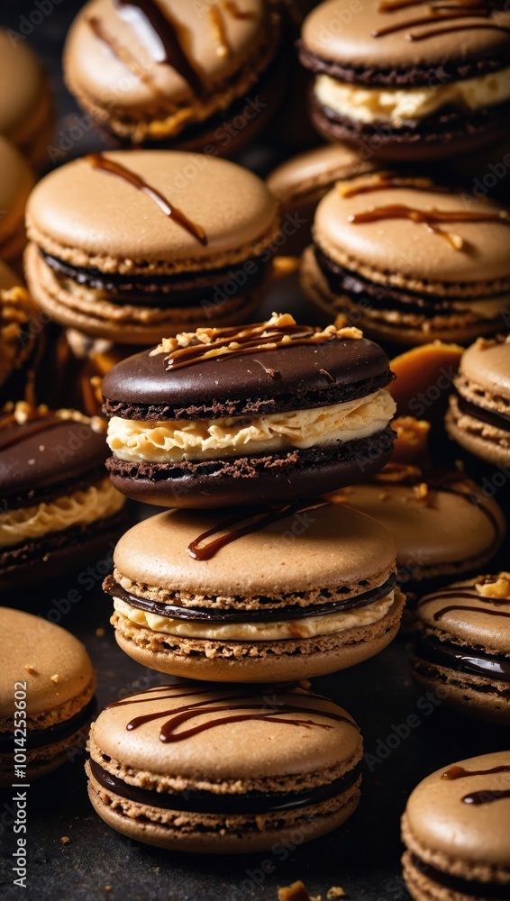 Chocolate-covered macarons with toppings like shavings and caramel drizzle, close-up Chocolate-covered macarons with toppings like shavings and caramel drizzle, close-up