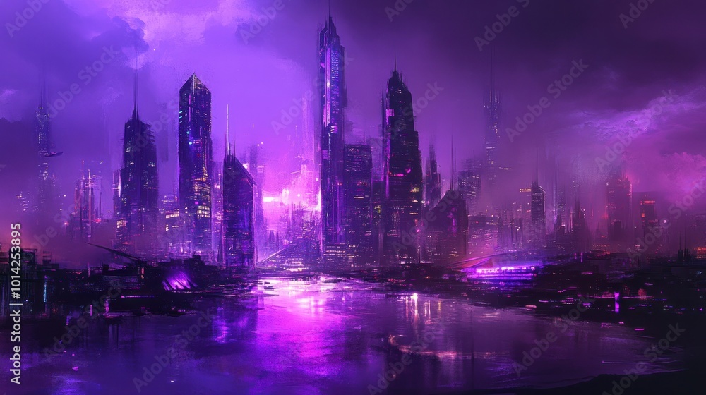 A purple cityscape with glowing neon lights and a futuristic skyline, creating a dynamic and modern urban scene A purple cityscape with glowing neon lights and a futuristic skyline, creating a dynamic and modern urban scene