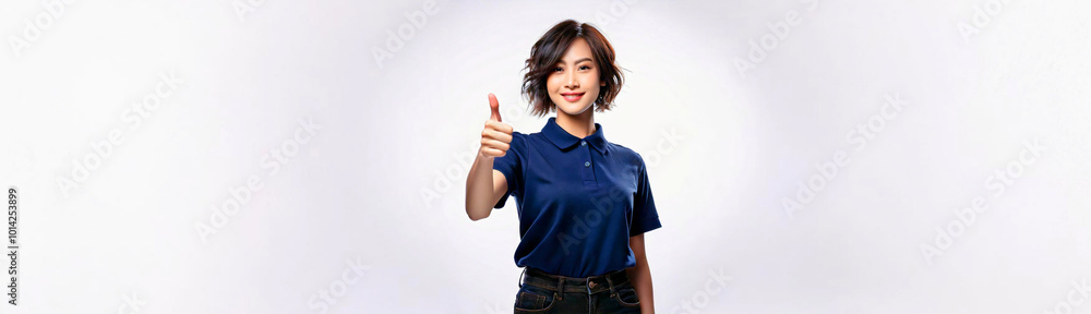 A smiling Asian woman in a navy blue polo shirt is giving a thumbs up against a white background. A smiling Asian woman in a navy blue polo shirt is giving a thumbs up against a white background.