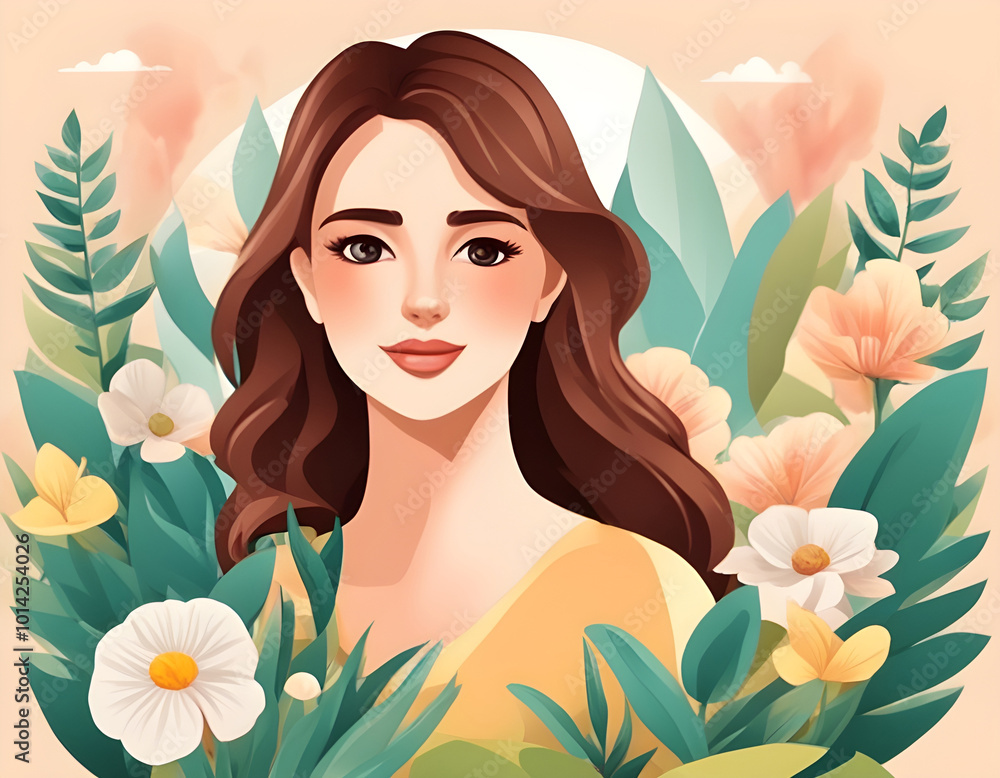 Spring Day portrait icon avatar beautiful woman among plants and flowers background Spring Day portrait icon avatar beautiful woman among plants and flowers background