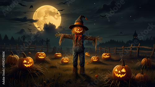 a scarecrow with a pumpkin head, dressed in tattered, spooky clothing, standing in a field at night photo