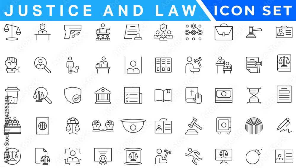 Law and justice line icons collection. Big UI icon set in a flat design. Thin outline icons pack. Law and justice line icons collection. Big UI icon set in a flat design. Thin outline icons pack.