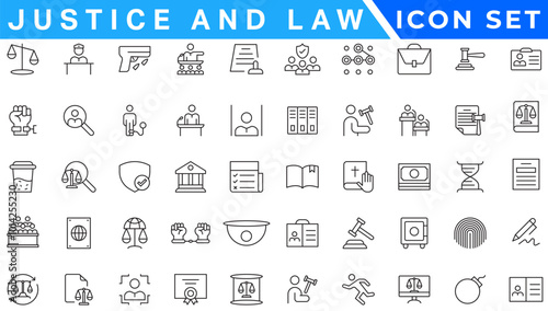 Law and justice line icons collection. Big UI icon set in a flat design. Thin outline icons pack.